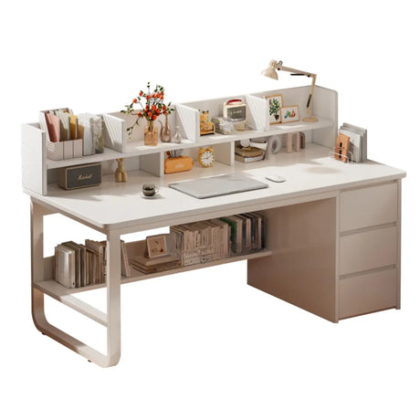 Beige Wooden Standard Desk with Hutch and Drawers Image - 1