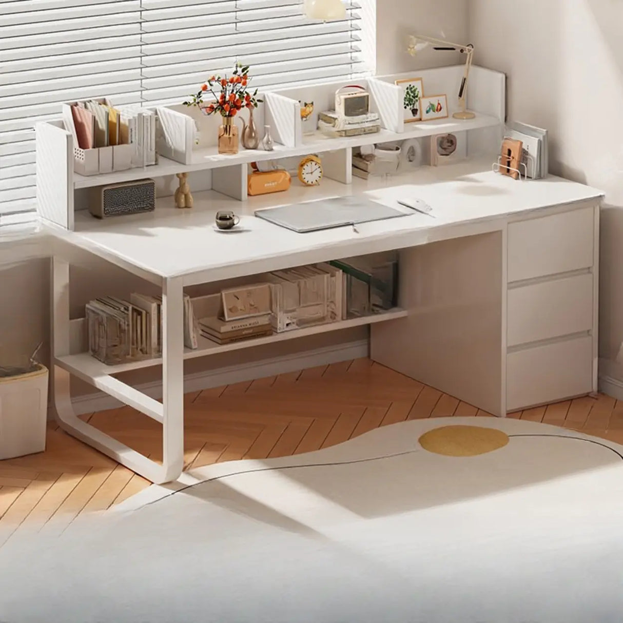 Beige Wooden Standard Desk with Hutch and Drawers Image - 10