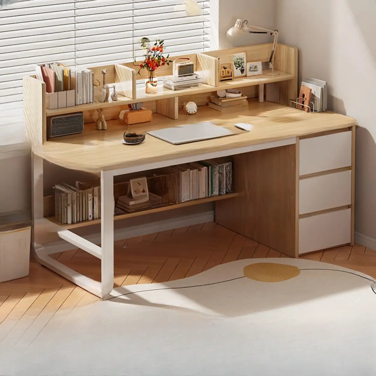 Beige Wooden Standard Desk with Hutch and Drawers Image - 11