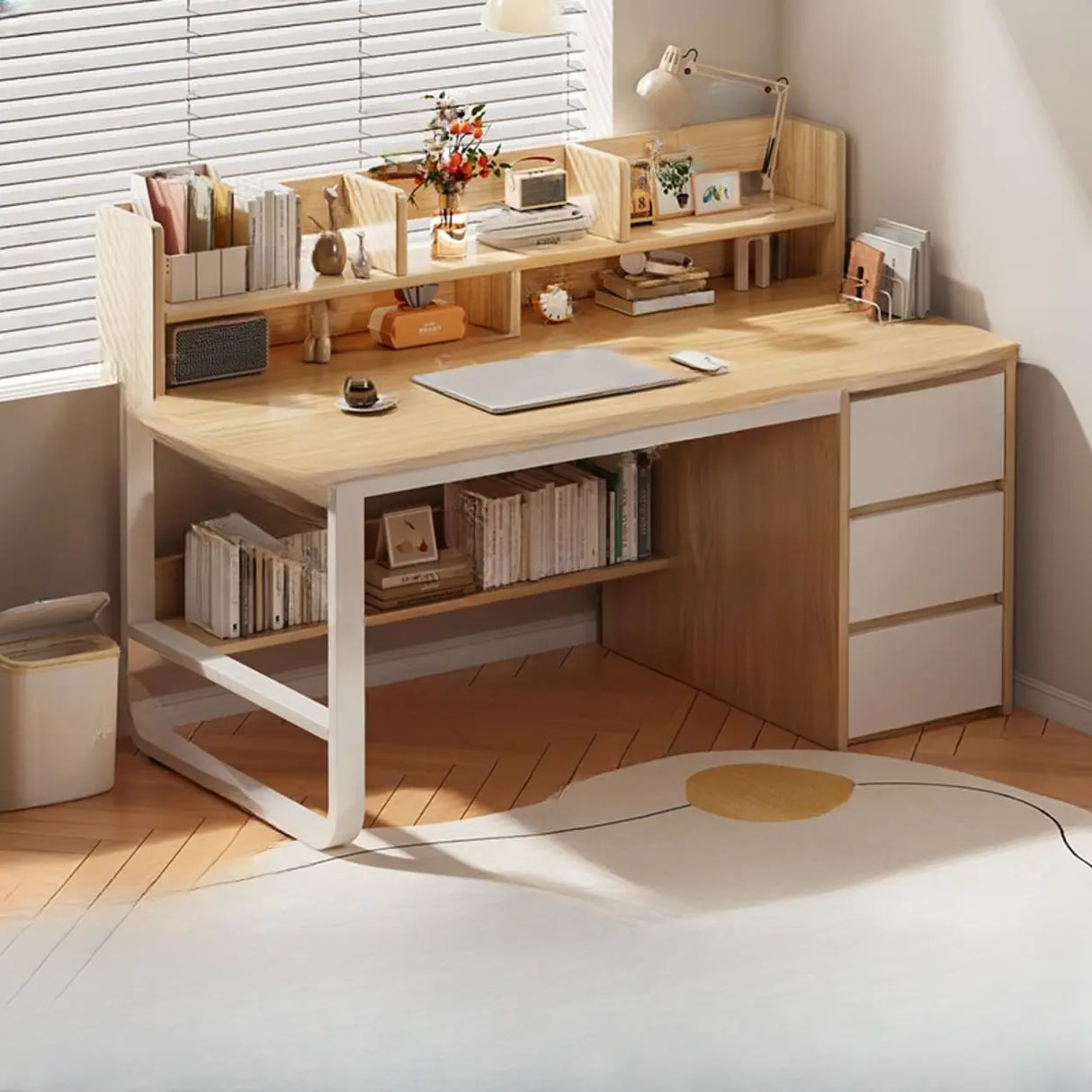 Beige Wooden Standard Desk with Hutch and Drawers Image - 13