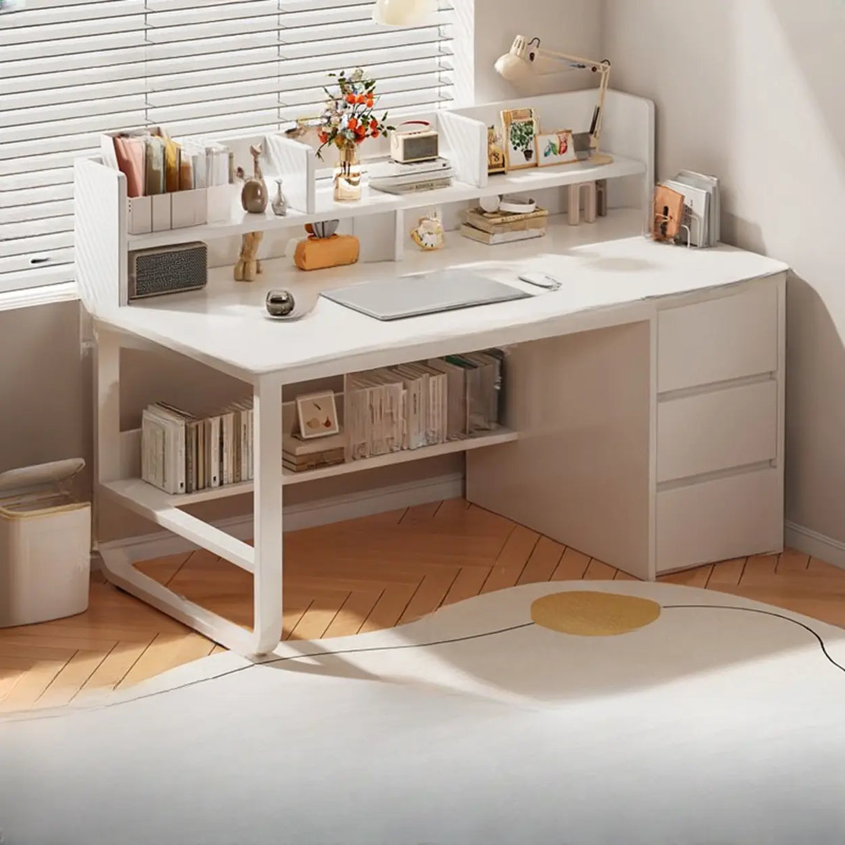 Beige Wooden Standard Desk with Hutch and Drawers Image - 15