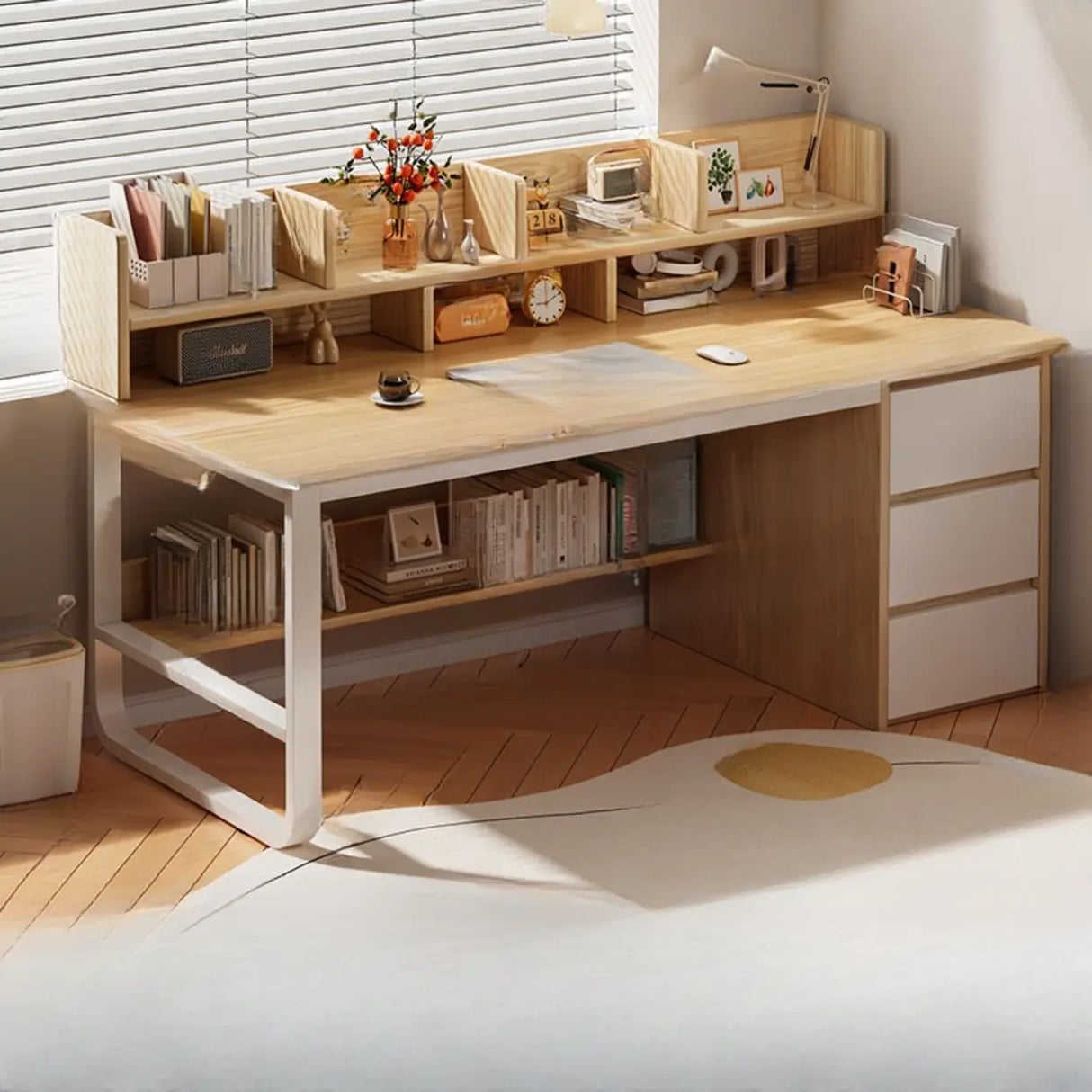 Beige Wooden Standard Desk with Hutch and Drawers Image - 16