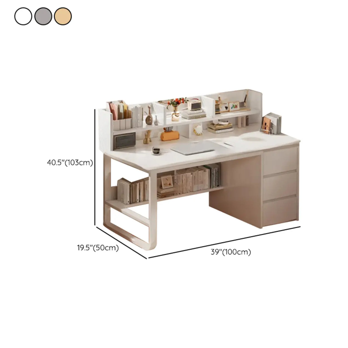 Beige Wooden Standard Desk with Hutch and Drawers 