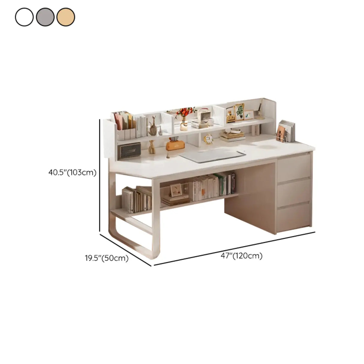 Beige Wooden Standard Desk with Hutch and Drawers Image - 18