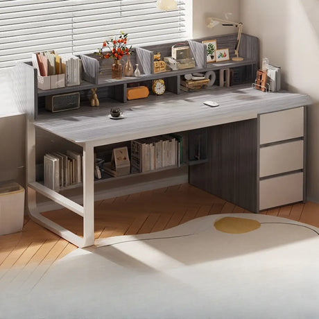Beige Wooden Standard Desk with Hutch and Drawers Image - 2