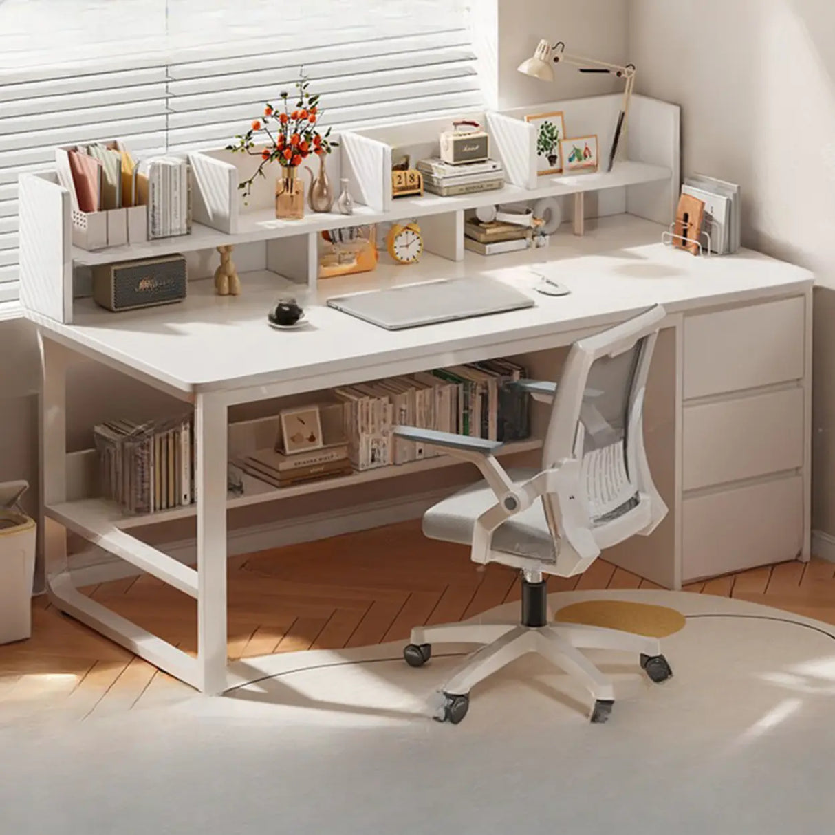 Beige Wooden Standard Desk with Hutch and Drawers Image - 3