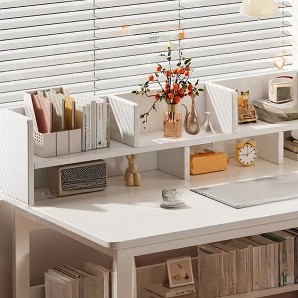 Beige Wooden Standard Desk with Hutch and Drawers Image - 5