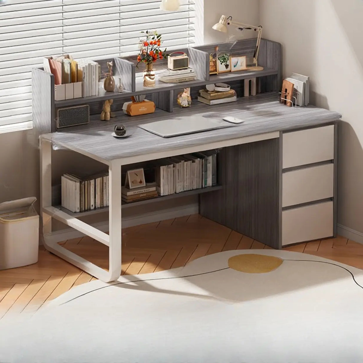 Beige Wooden Standard Desk with Hutch and Drawers Image - 6