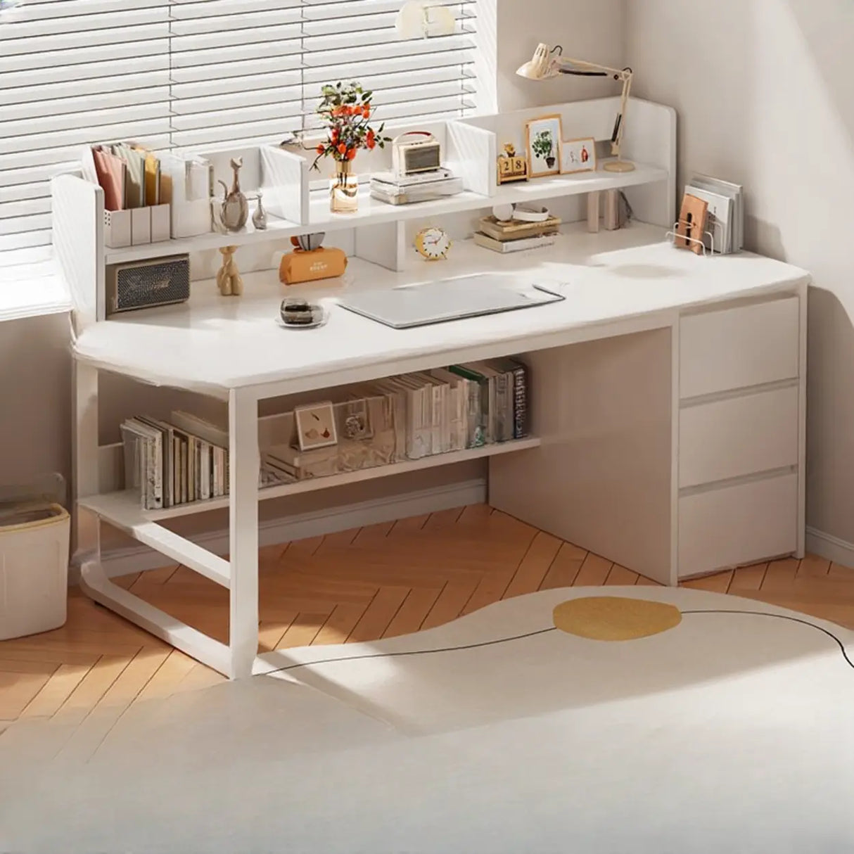 Beige Wooden Standard Desk with Hutch and Drawers Image - 8