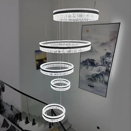 Black Acrylic Ring LED Large Tiered Foyer Chandelier Image - 1