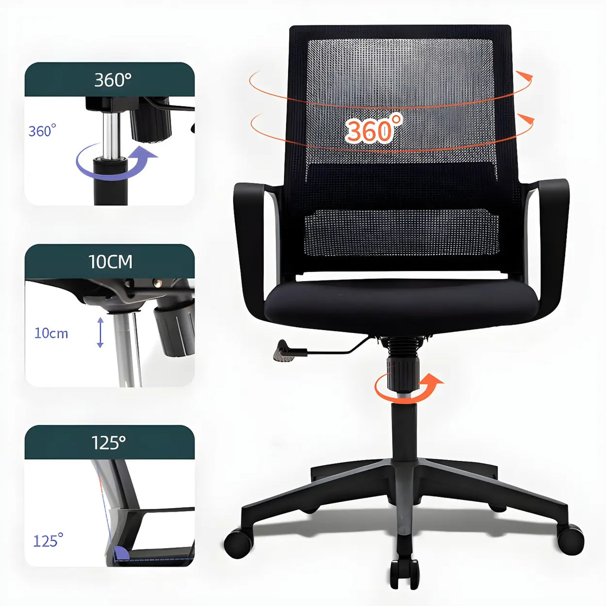 Black Adjustable Mesh Ergonomic Office Chair with Casters Image - 17
