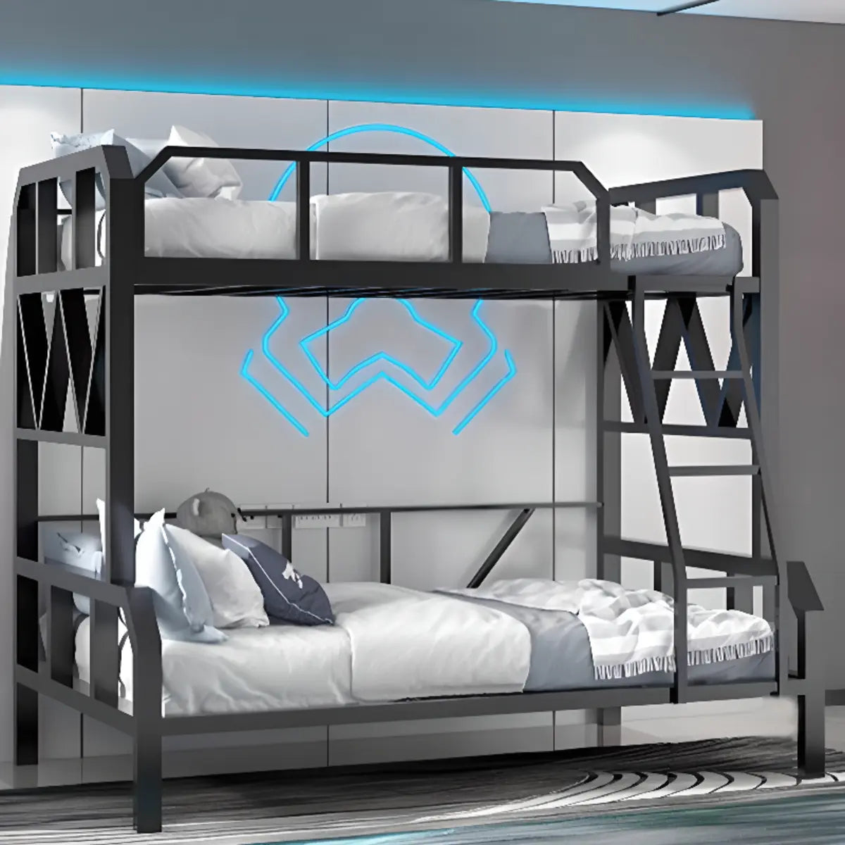 Black Alloy Twin Bunk Bed with Guardrail and Stairs Image - 3