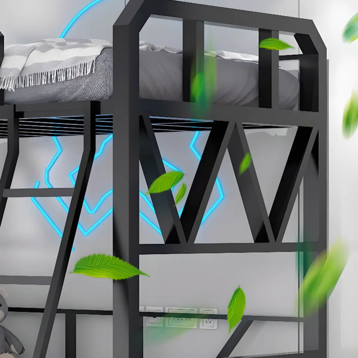 Black Alloy Twin Bunk Bed with Guardrail and Stairs Image - 4