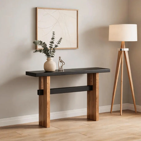 Black and Natural Wood Double Pedestal Console Table Image - 1