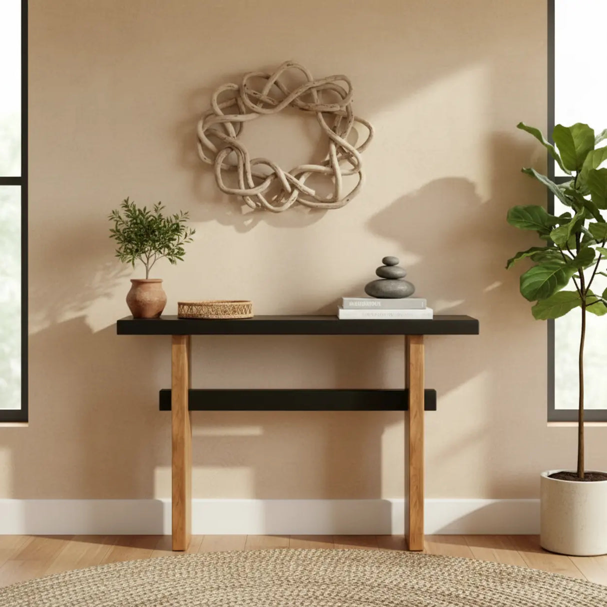 Black and Natural Wood Double Pedestal Console Table Image - 4