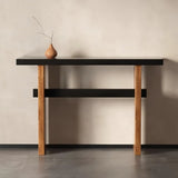 Black and Natural Wood Double Pedestal Console Table Image - 6