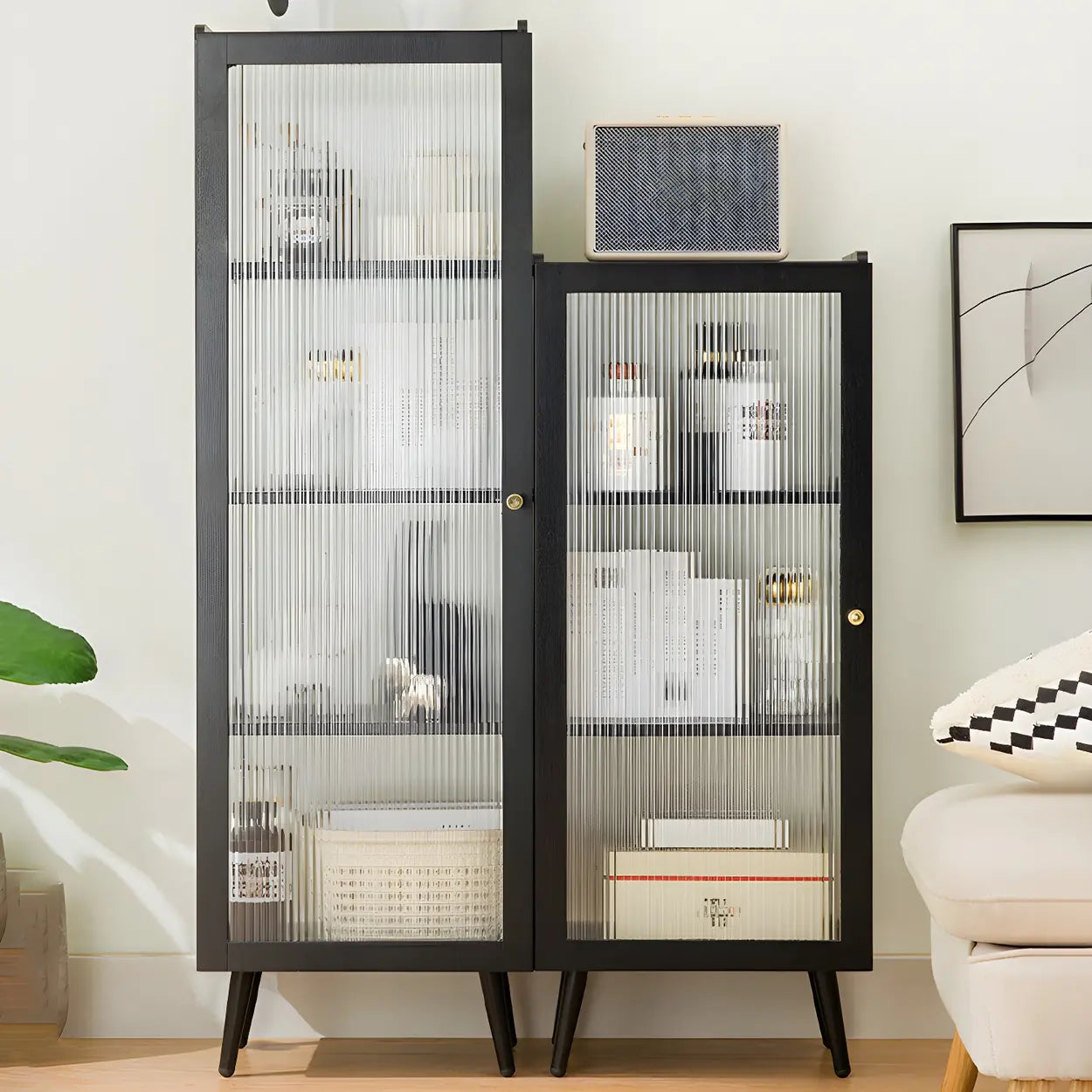 Black Bamboo Rectangular Tall Curio Display Cabinet Image - 1