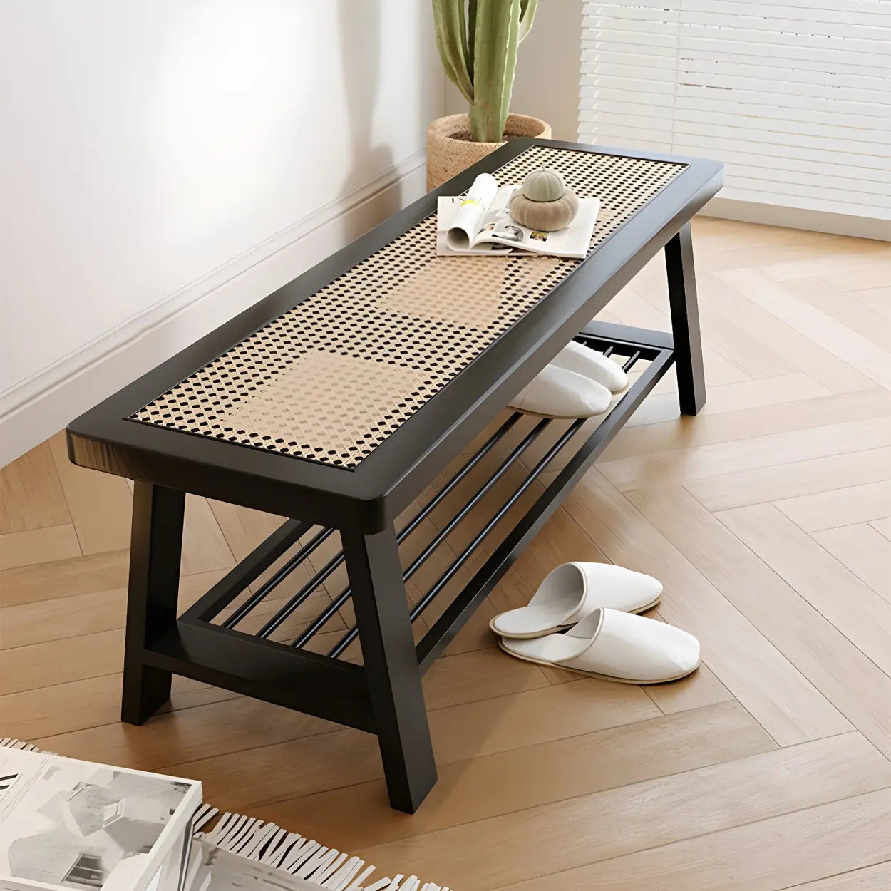 Black Bedroom Bench with Shoe Storage Image - 3
