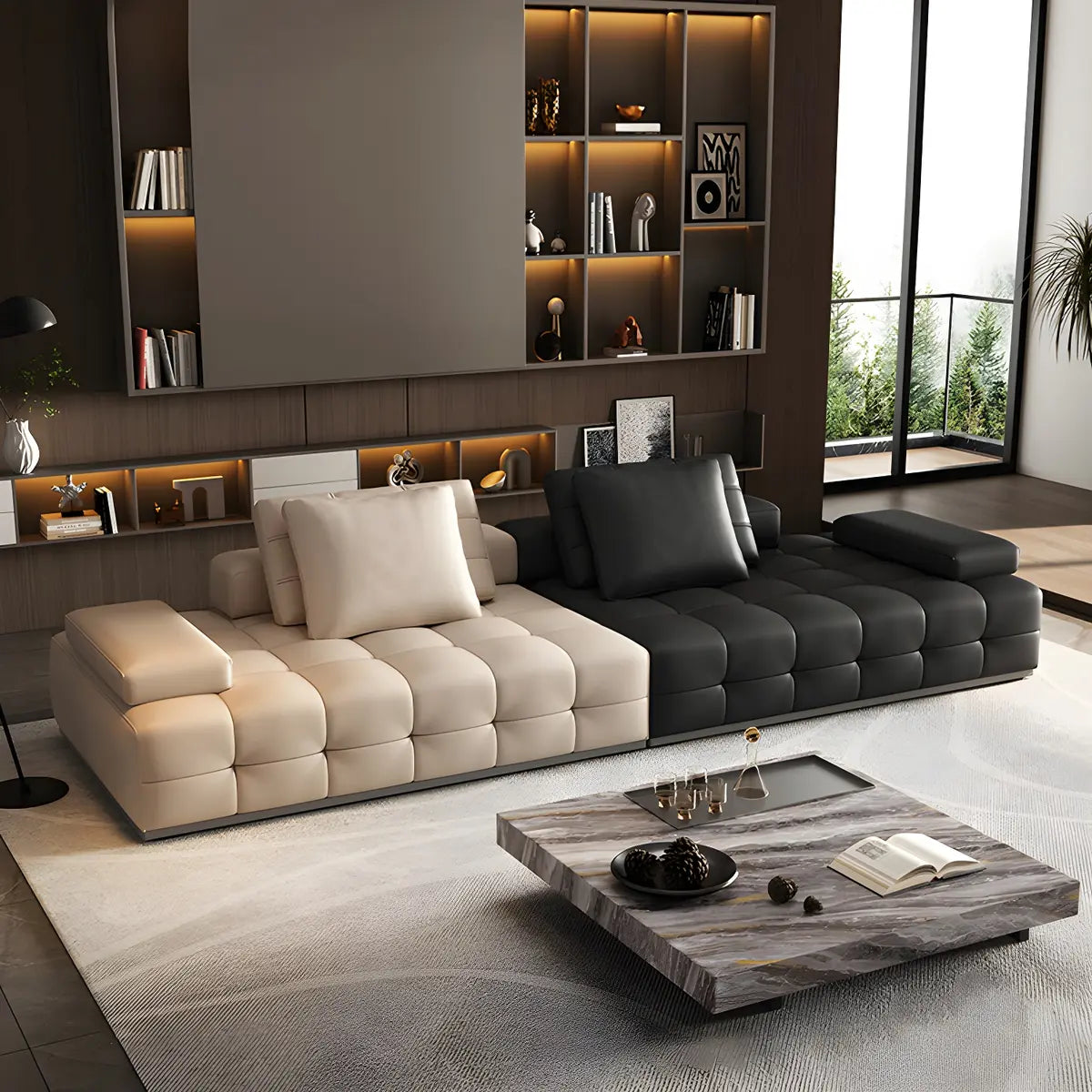 Black Beige Genuine Leather Pillow Back Sectional Image - 1
