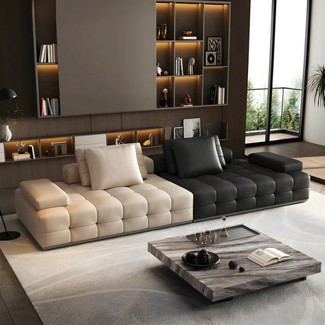 Black Beige Genuine Leather Pillow Back Sectional Image - 1