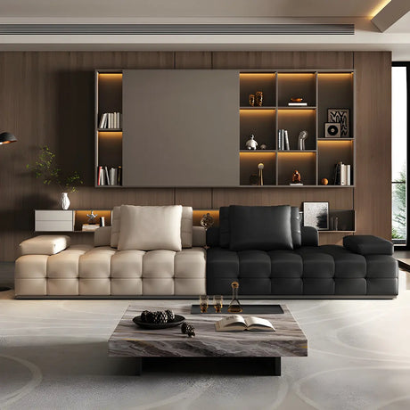 Black Beige Genuine Leather Pillow Back Sectional Image - 2
