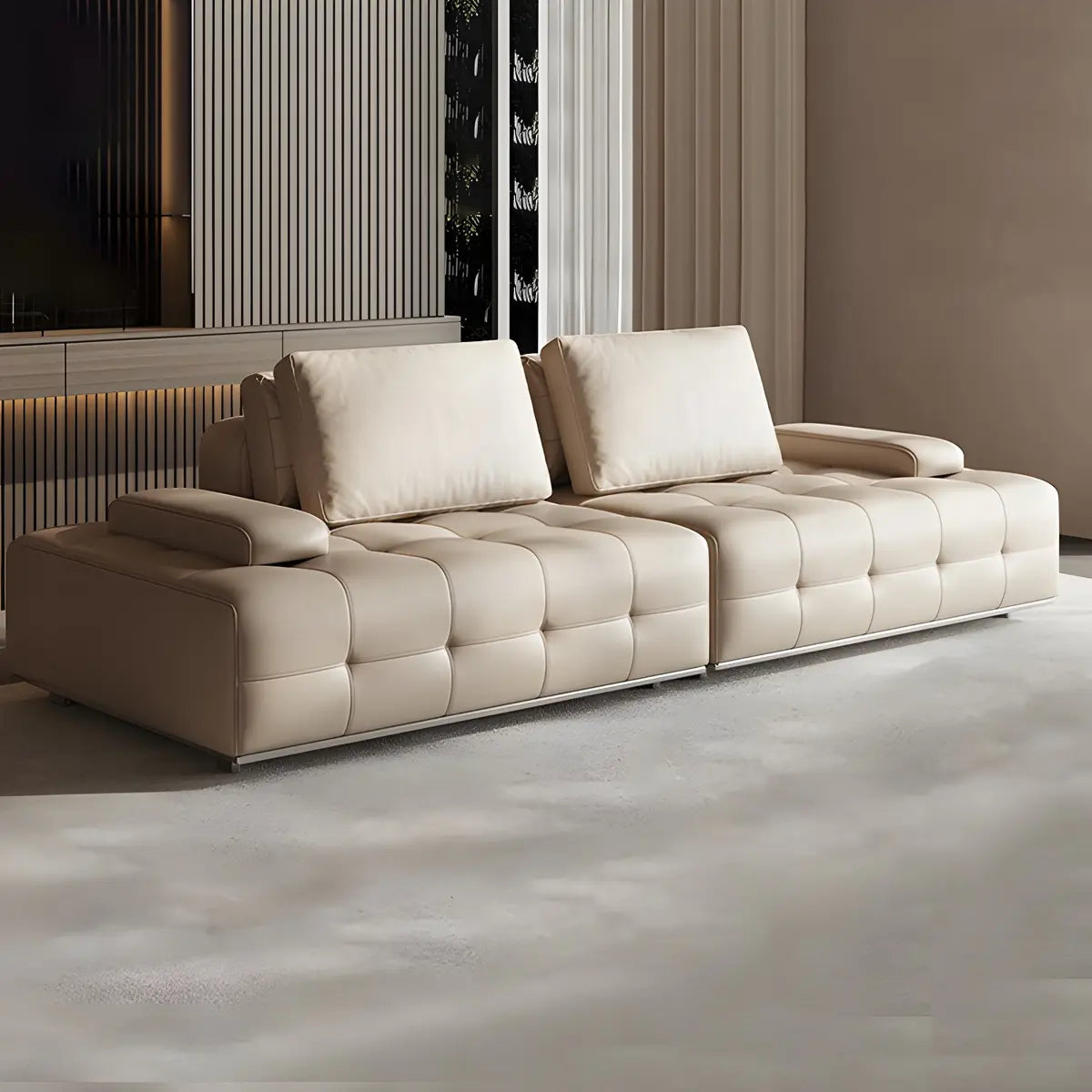 Black Beige Genuine Leather Pillow Back Sectional Image - 3