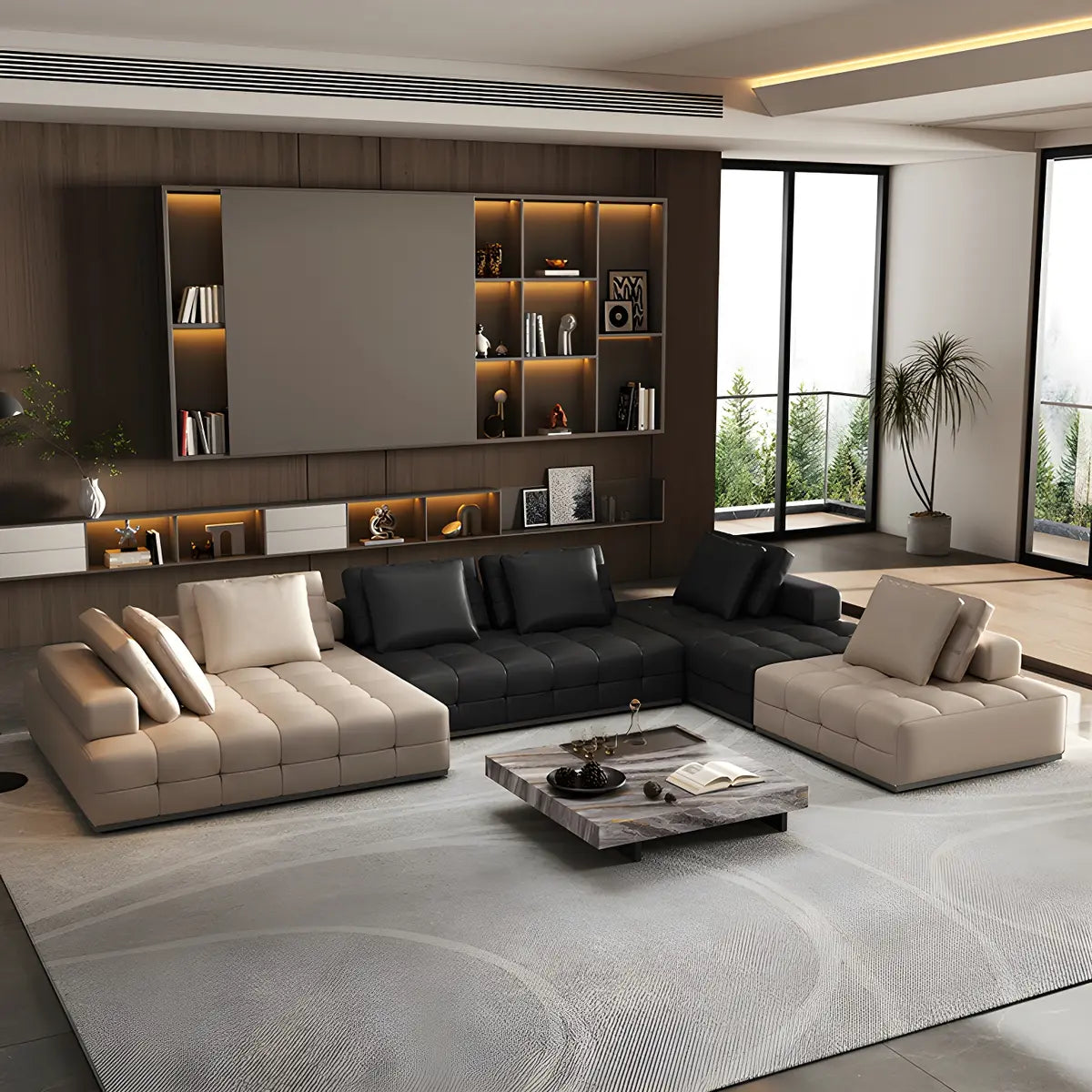 Black Beige Genuine Leather Pillow Back Sectional Image - 4