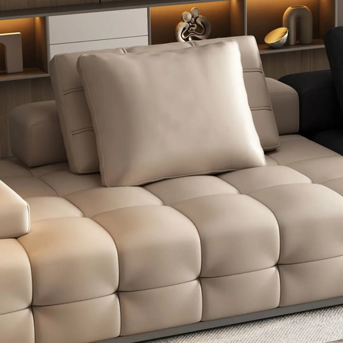 Black Beige Genuine Leather Pillow Back Sectional Image - 6