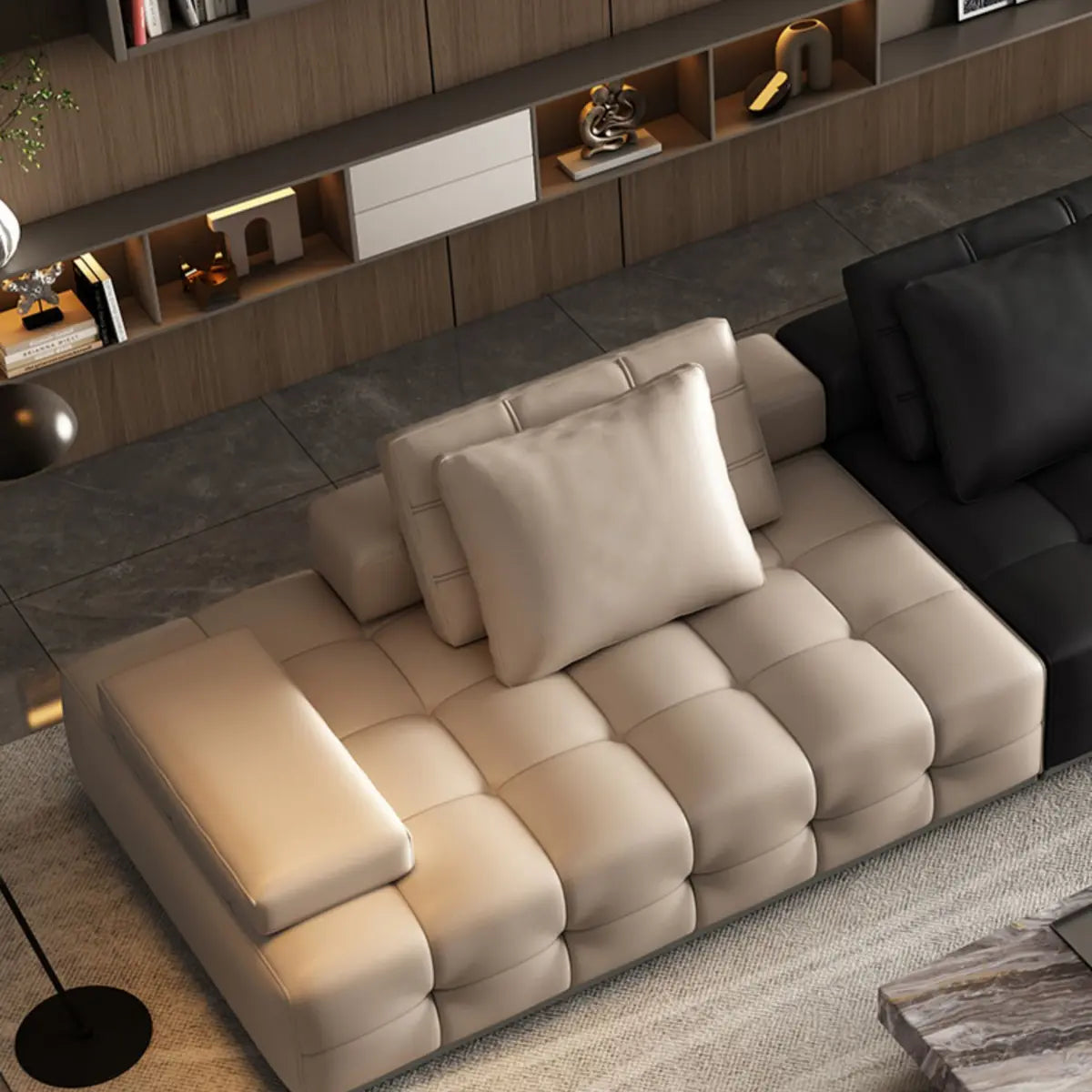Black Beige Genuine Leather Pillow Back Sectional Image - 8