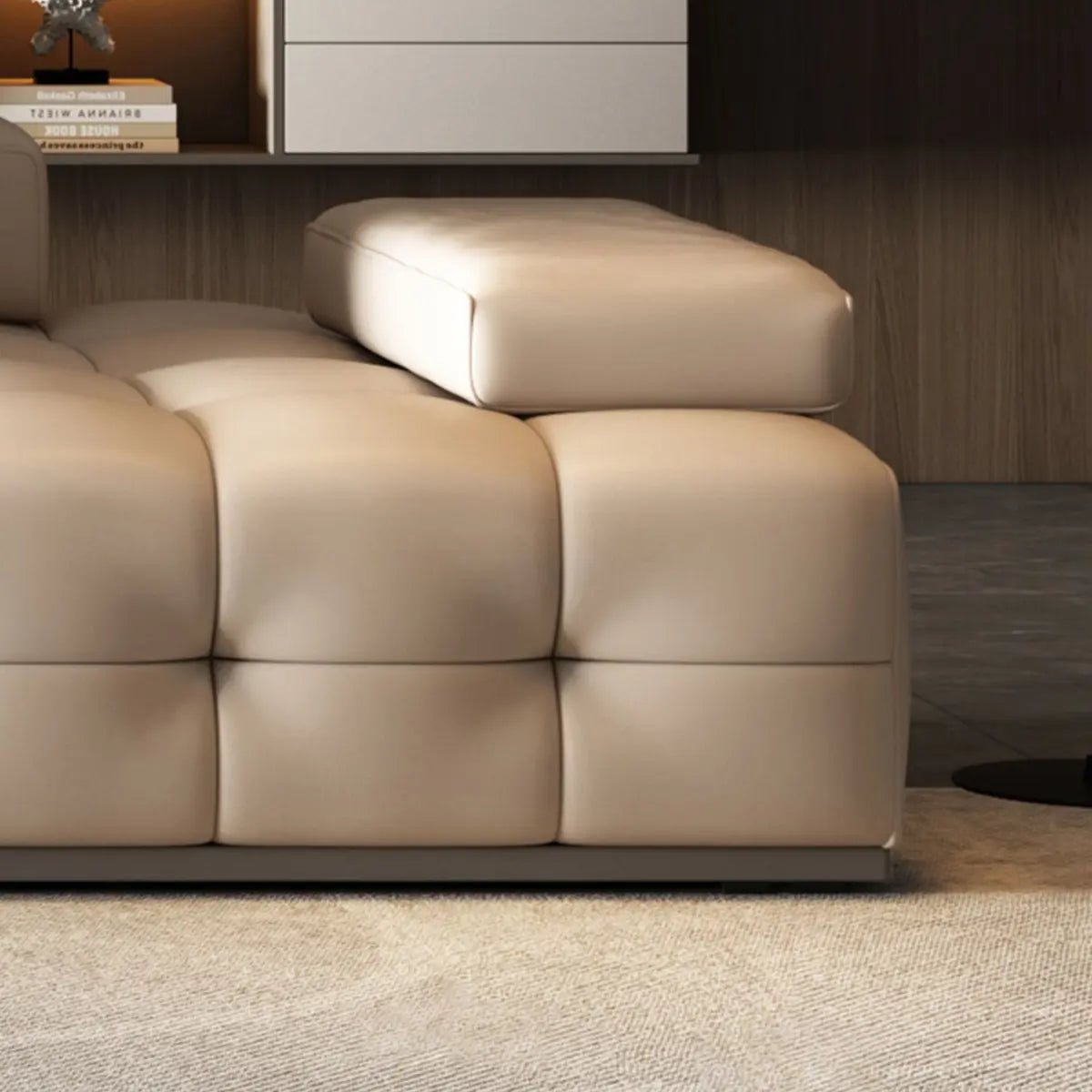 Black Beige Genuine Leather Pillow Back Sectional Image - 9