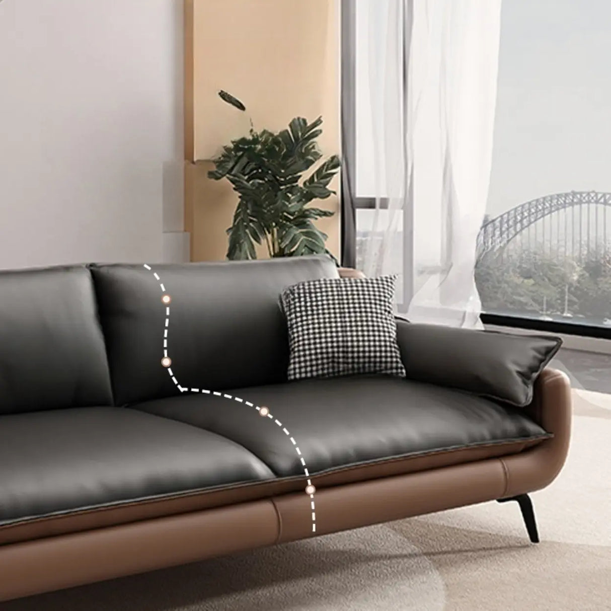 Black Brown Leather Upholstered Back Sofa with Legs Image - 12