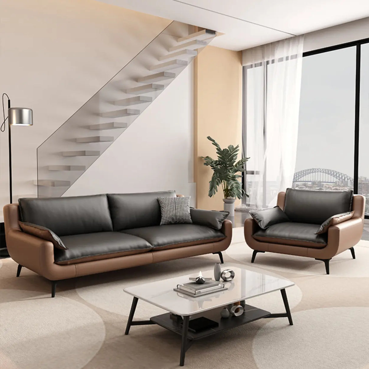 Black Brown Leather Upholstered Back Sofa with Legs Image - 4