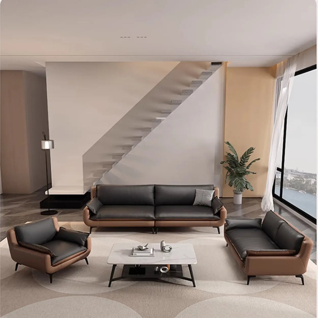 Black Brown Leather Upholstered Back Sofa with Legs Image - 6