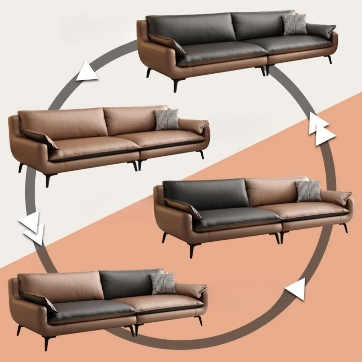 Black Brown Leather Upholstered Back Sofa with Legs Image - 8