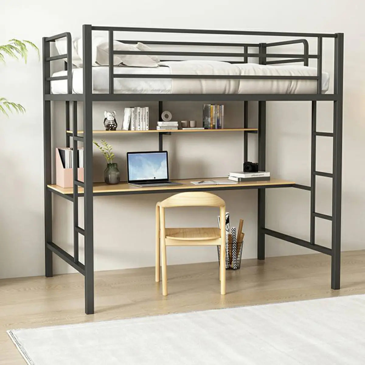 Black Bunk Metal Space-Saving Study Bed with Guardrail Image - 3