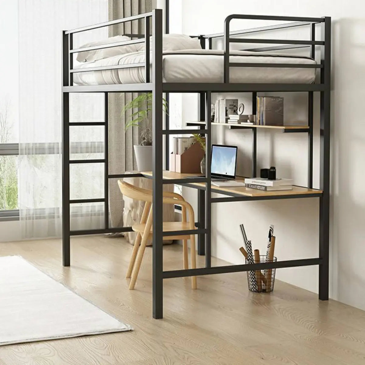 Black Bunk Metal Space-Saving Study Bed with Guardrail Image - 4