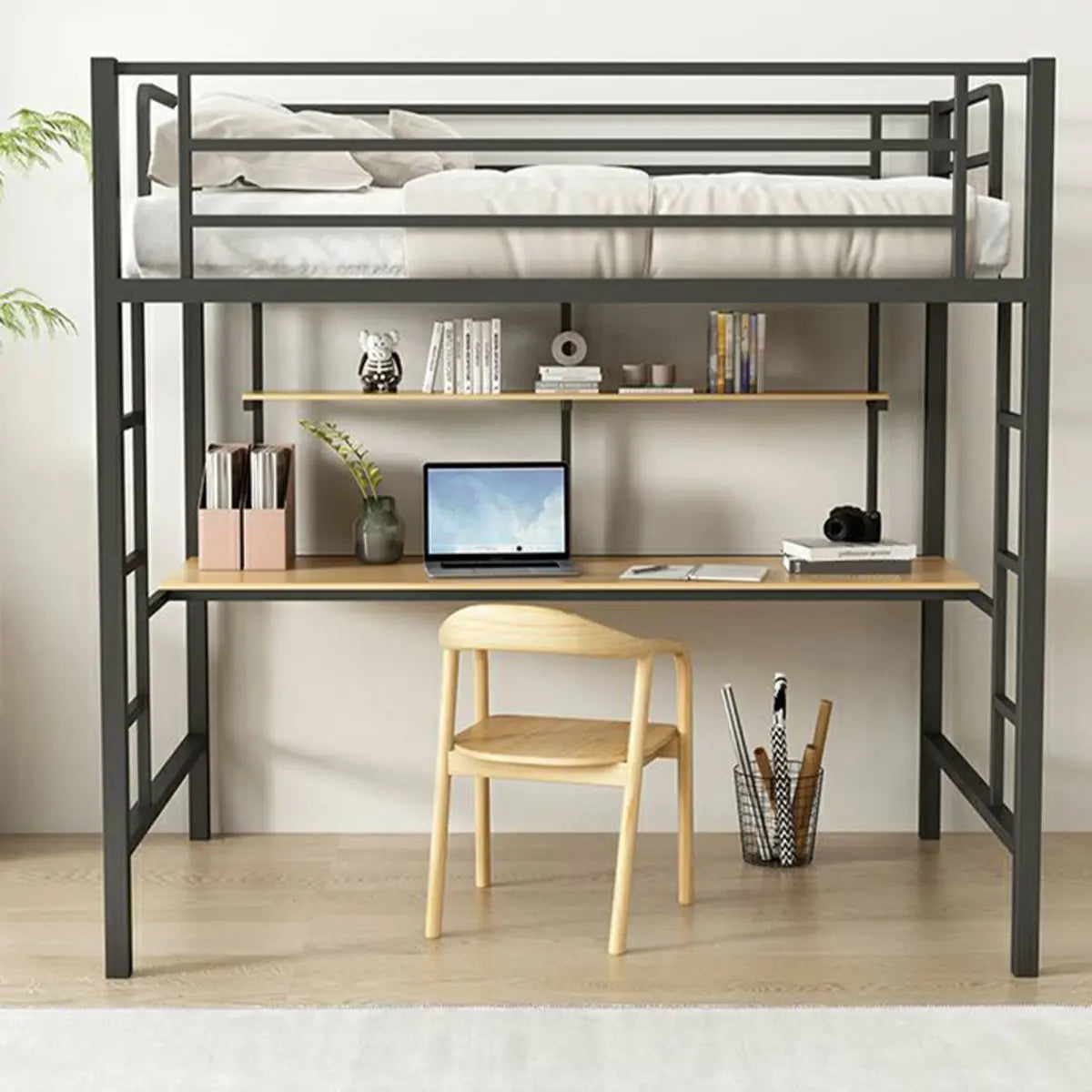 Black Bunk Metal Space-Saving Study Bed with Guardrail Image - 5