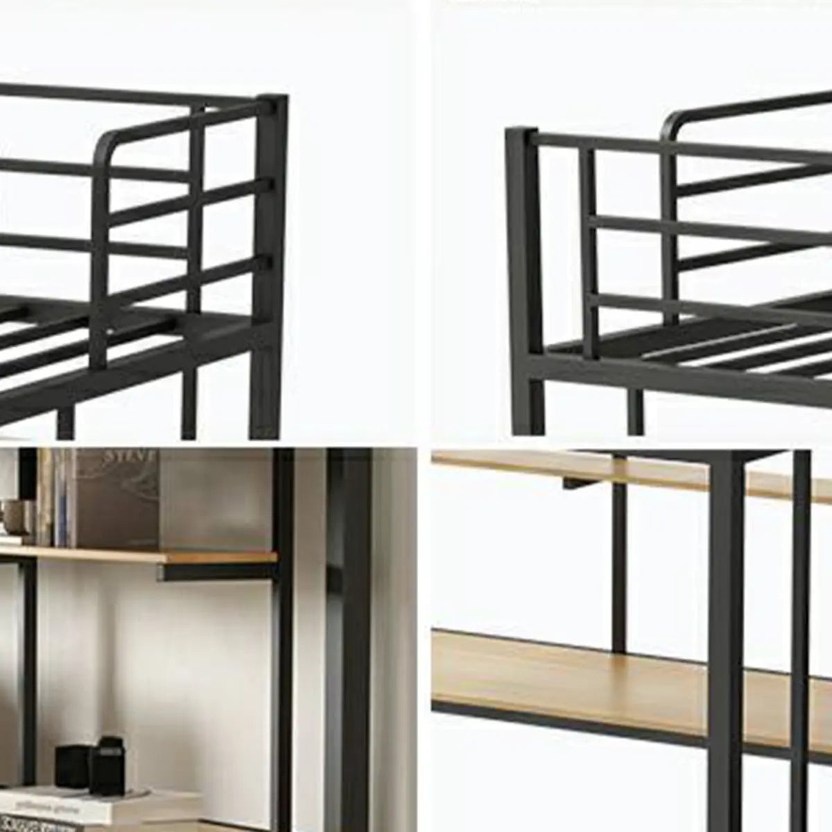 Black Bunk Metal Space-Saving Study Bed with Guardrail Image - 8