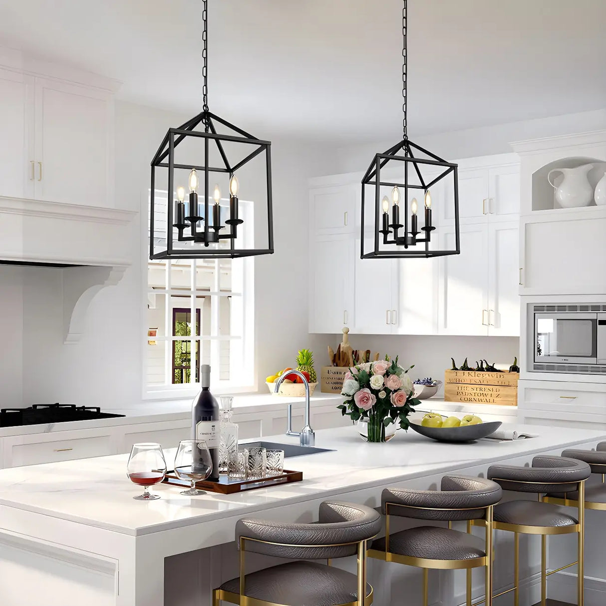 Black Cage Chain Metal 3-Light Small Foyer Chandelier Image - 10