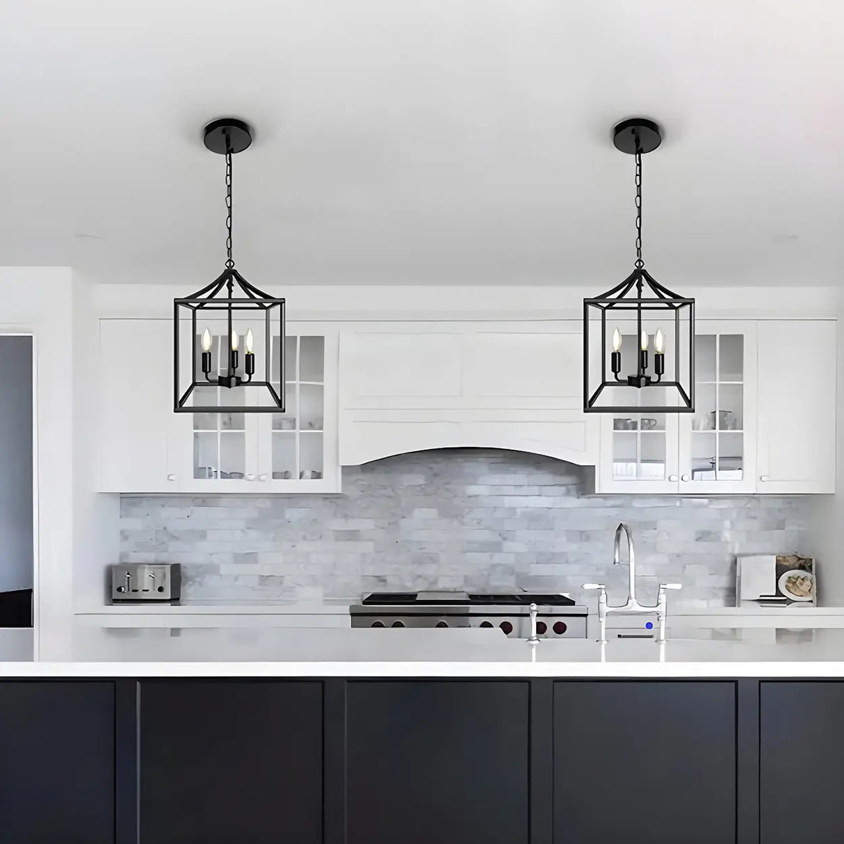 Black Cage Chain Metal 3-Light Small Foyer Chandelier Image - 11