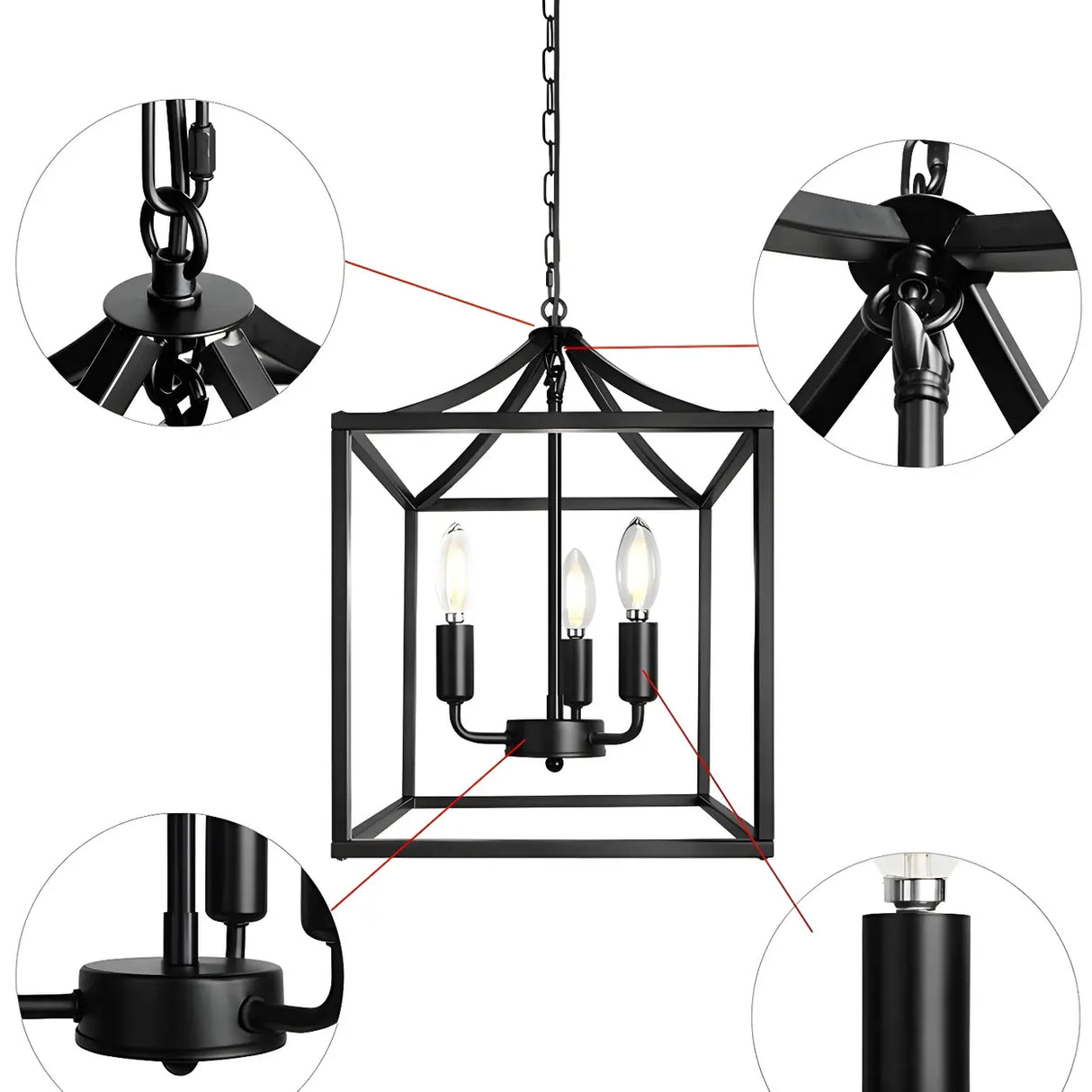 Black Cage Chain Metal 3-Light Small Foyer Chandelier Image - 5