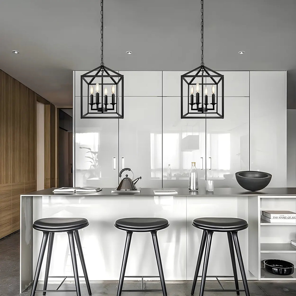 Black Cage Chain Metal 3-Light Small Foyer Chandelier Image - 8