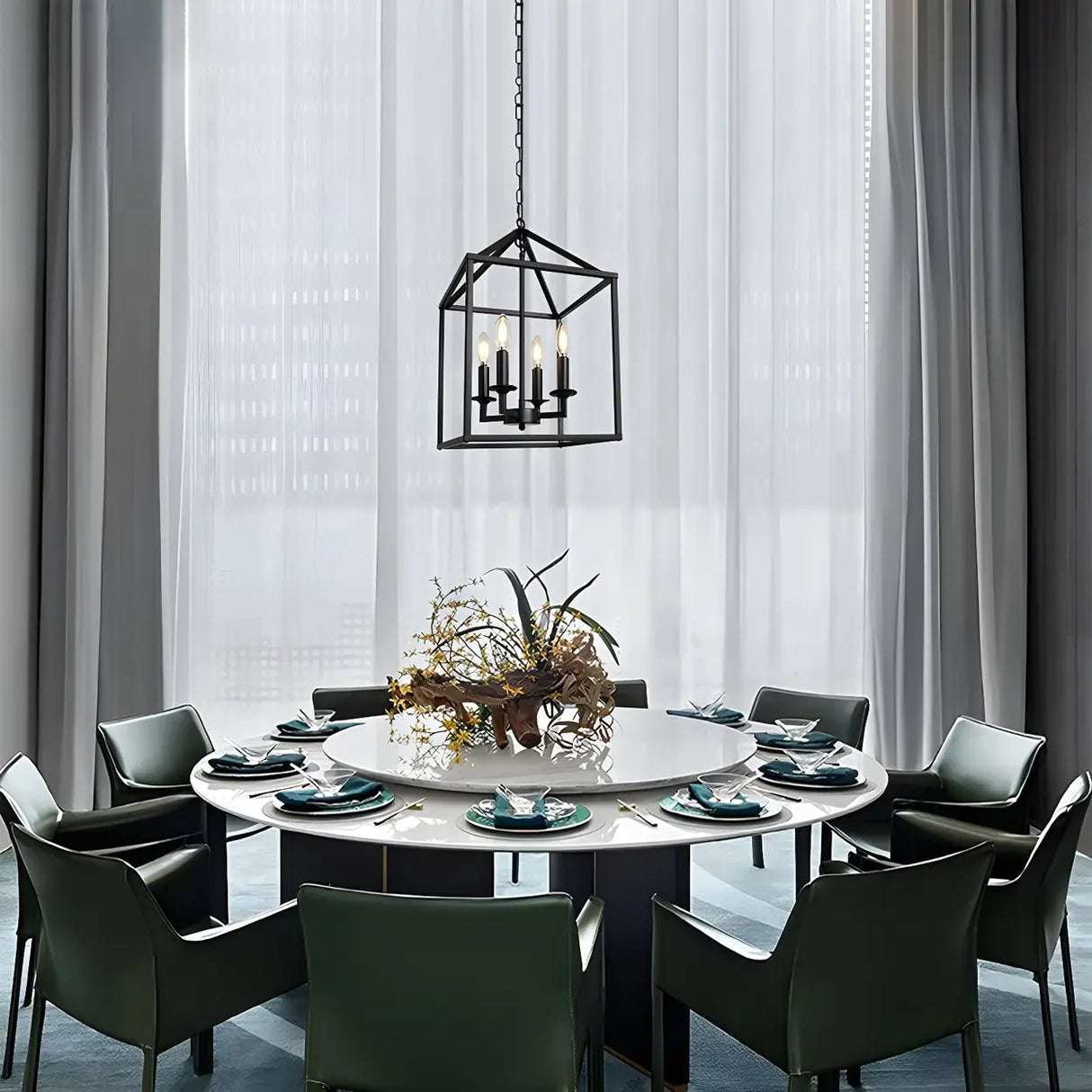 Black Cage Chain Metal 3-Light Small Foyer Chandelier Image - 9