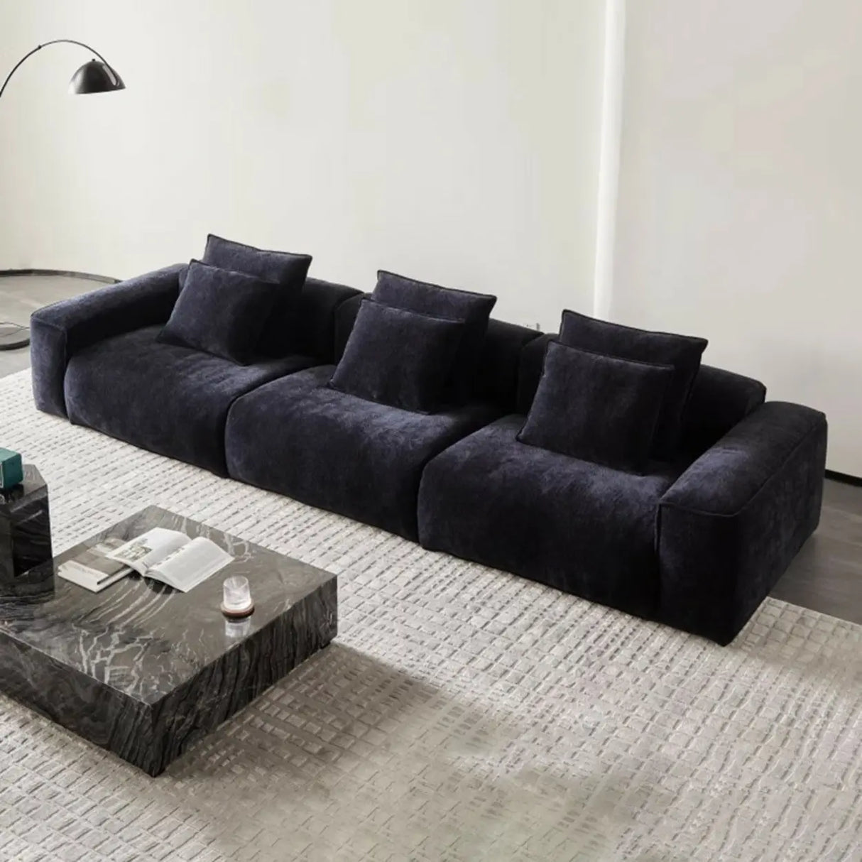 Black Chenille Square Arm Concealed Support Sofa Image - 4