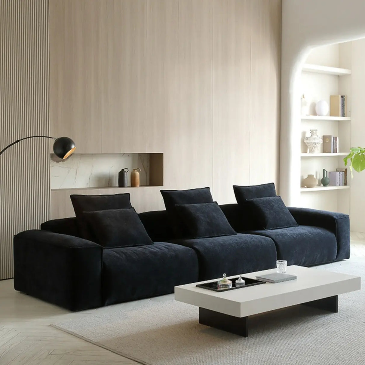 Black Chenille Square Arm Concealed Support Sofa Image - 6