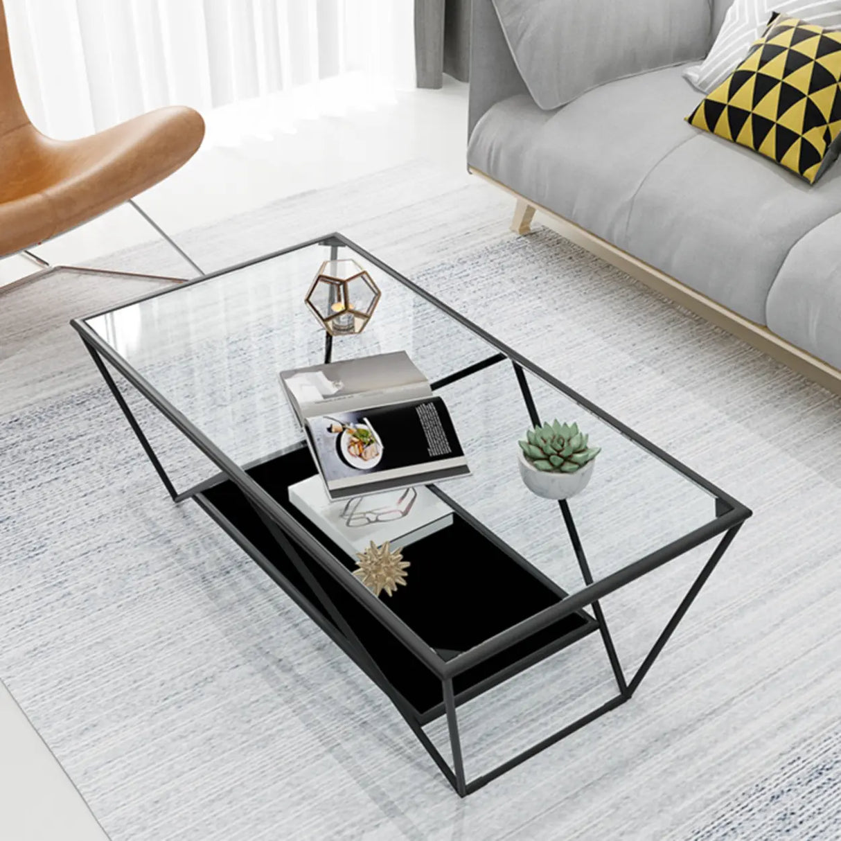 Black Clear Glass Top Rectangular Metal Single Table Image - 4