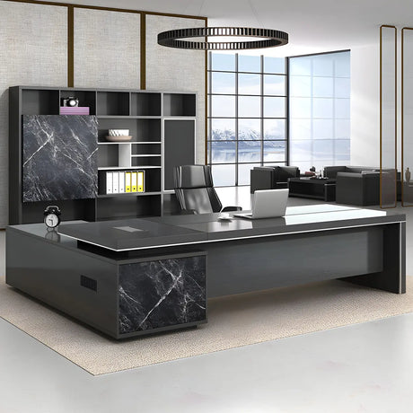 Black Deep Width L-Shape Executive Desk with Drawers Image - 1