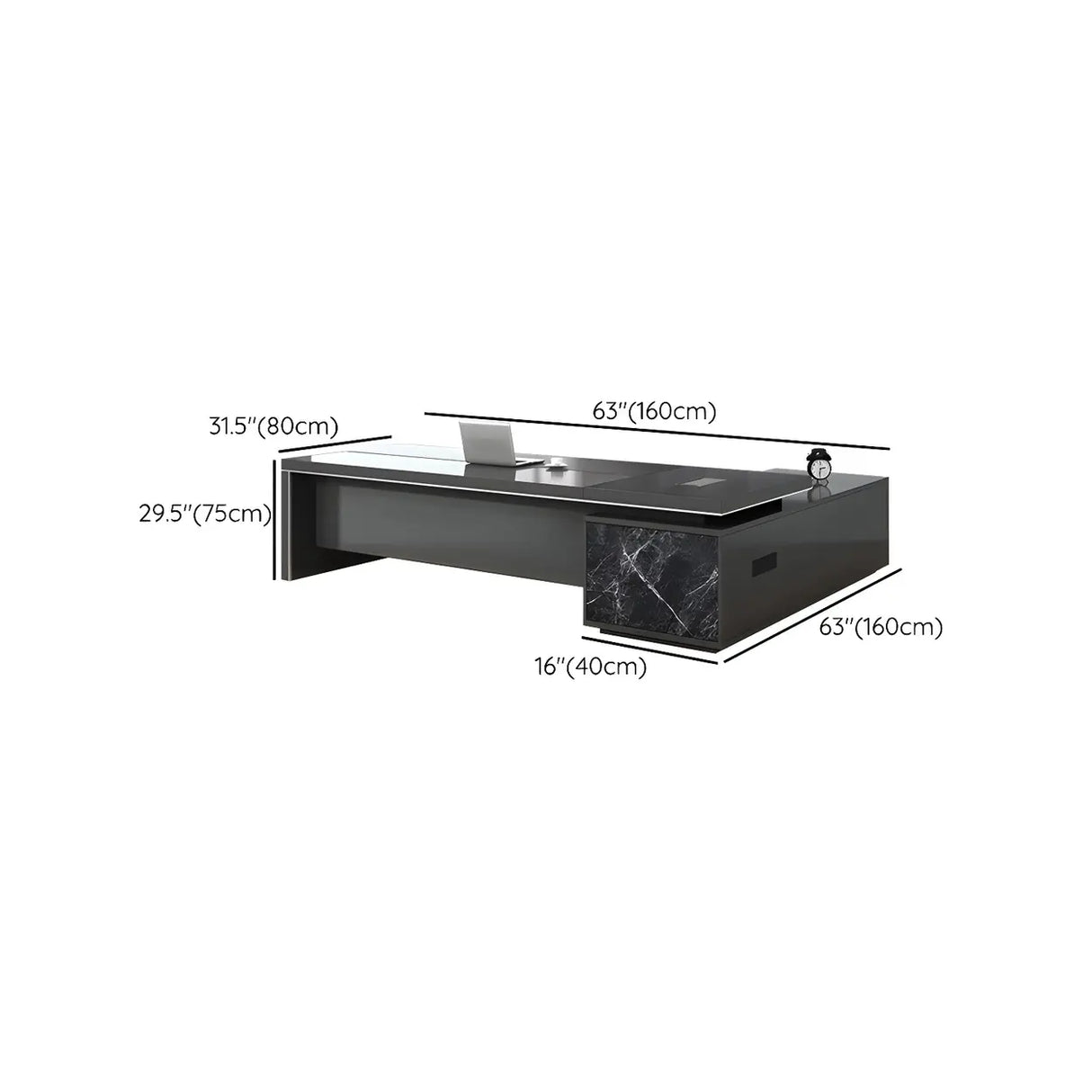 Black Deep Width L-Shape Executive Desk with Drawers 