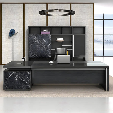 Black Deep Width L-Shape Executive Desk with Drawers Image - 2