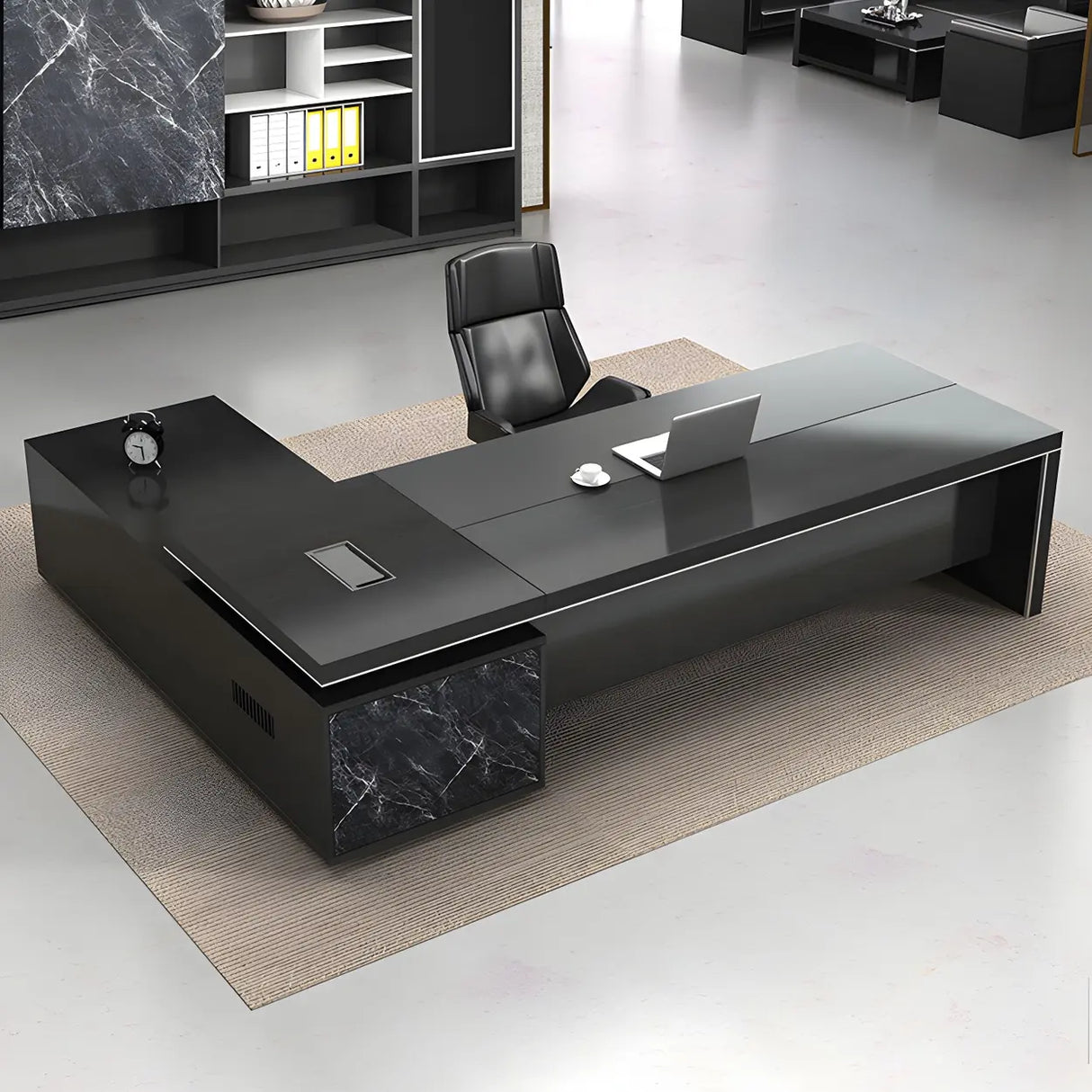 Black Deep Width L-Shape Executive Desk with Drawers Image - 3